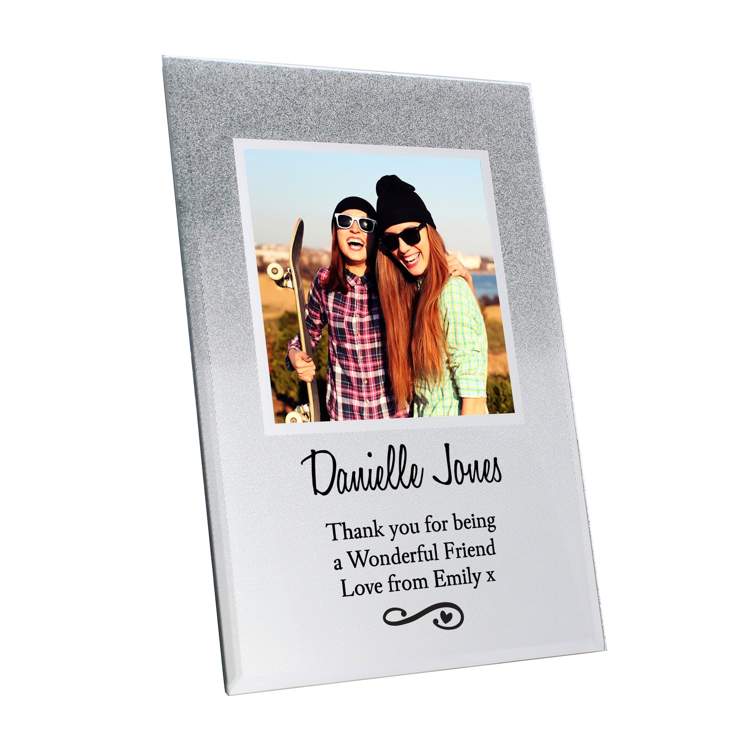 Personalised Heart & Swirl 4x4 Glitter Glass Photo Frame