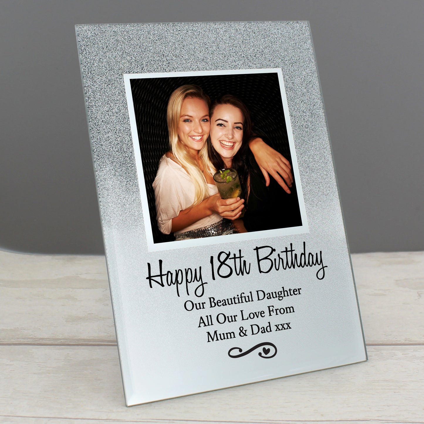 Personalised Heart & Swirl 4x4 Glitter Glass Photo Frame