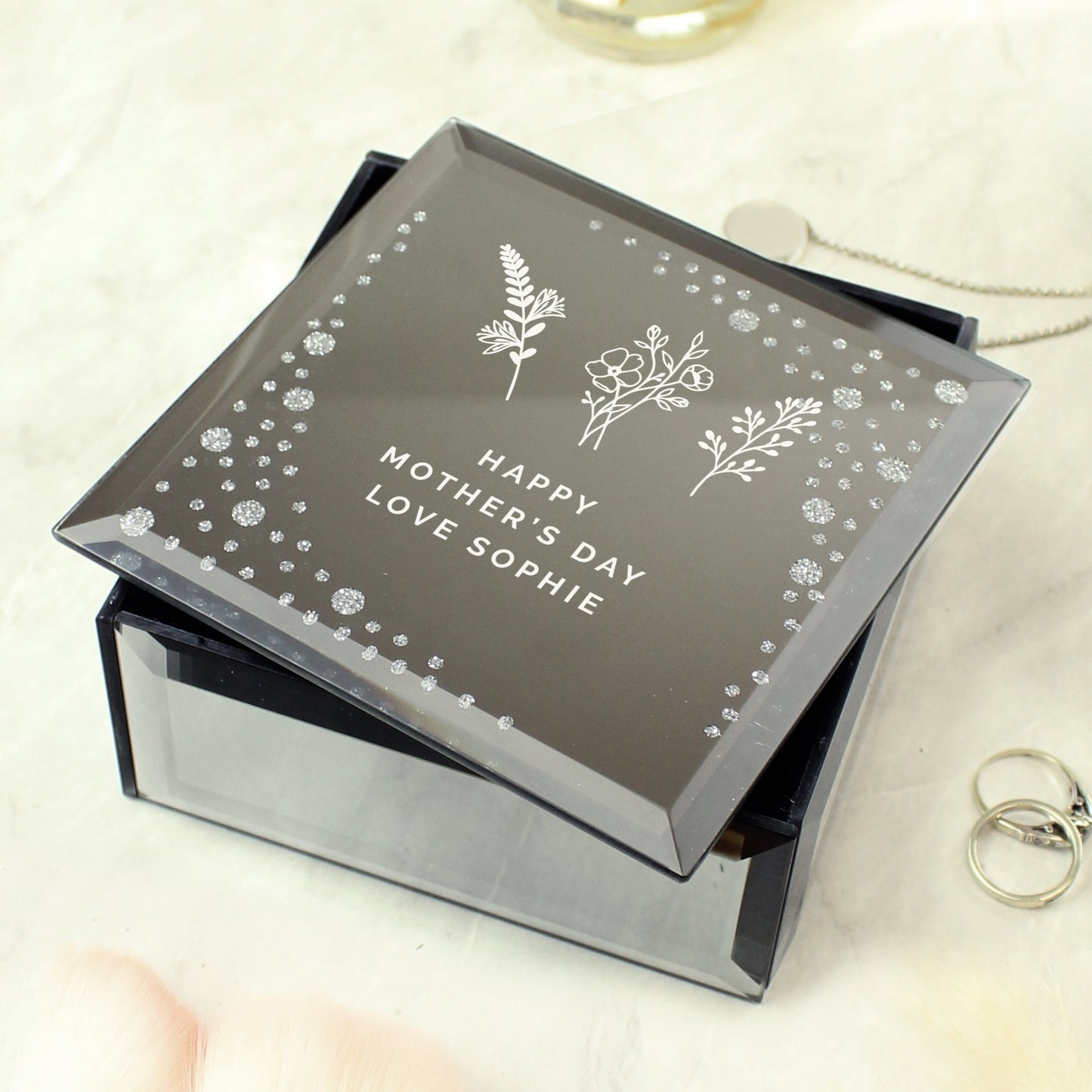 Personalised Floral Diamante Mirrored Trinket Box