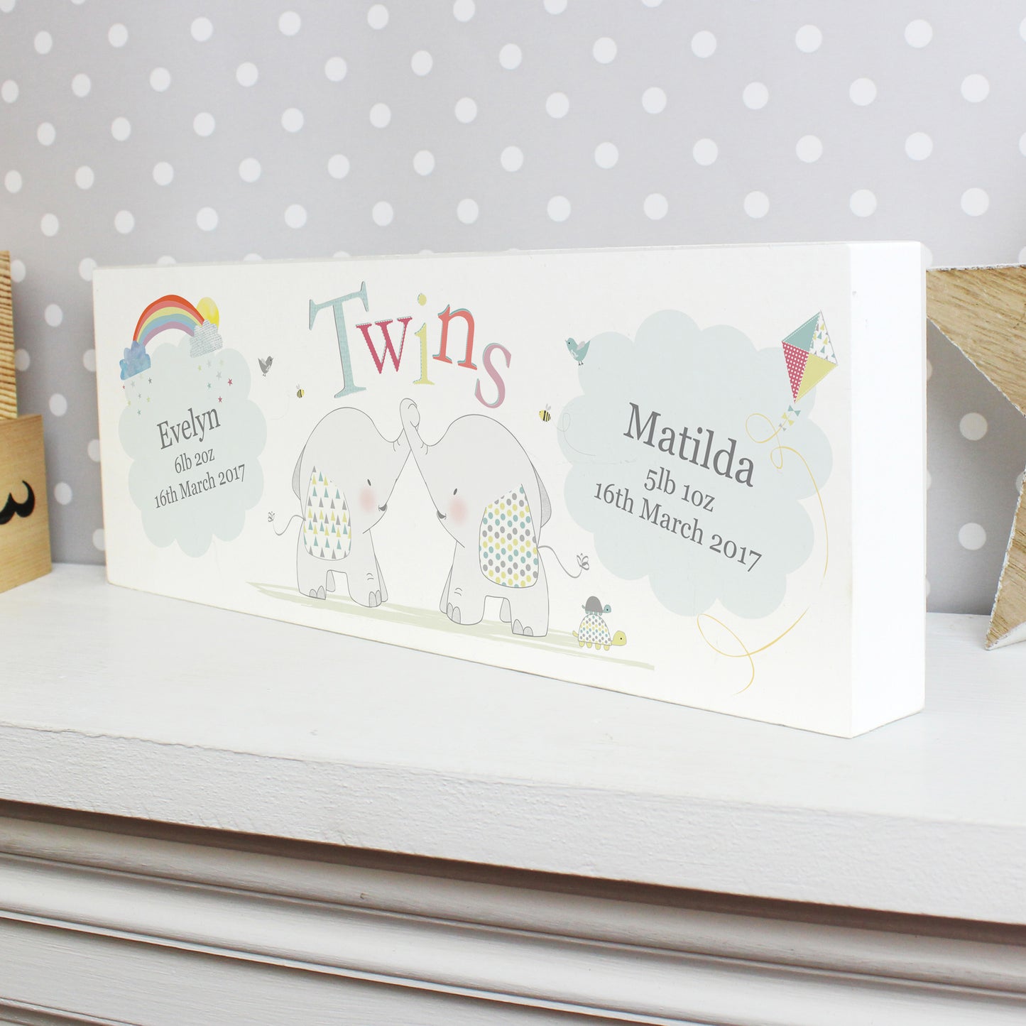 Personalised Hessian Elephant Twins Wooden Block Sign