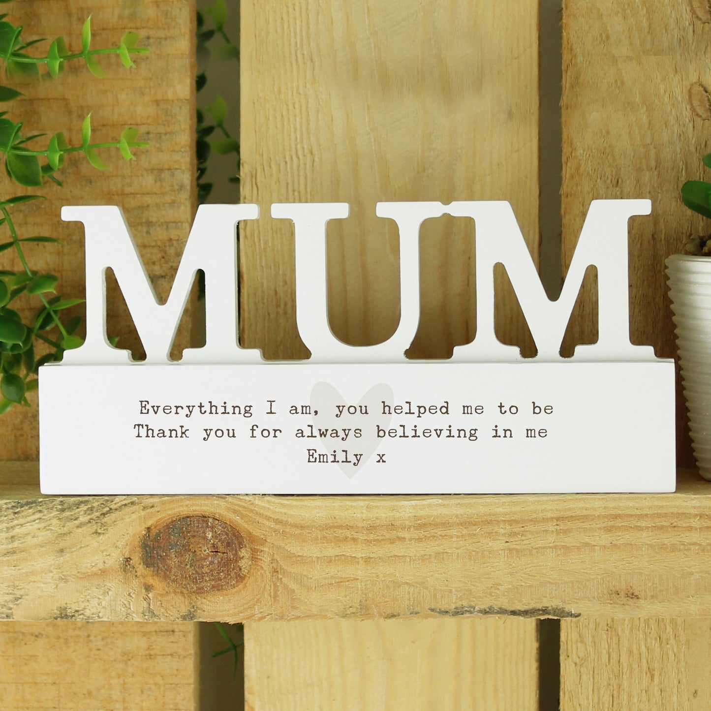 Personalised Free Text Heart Wooden Mum Ornament Plaque