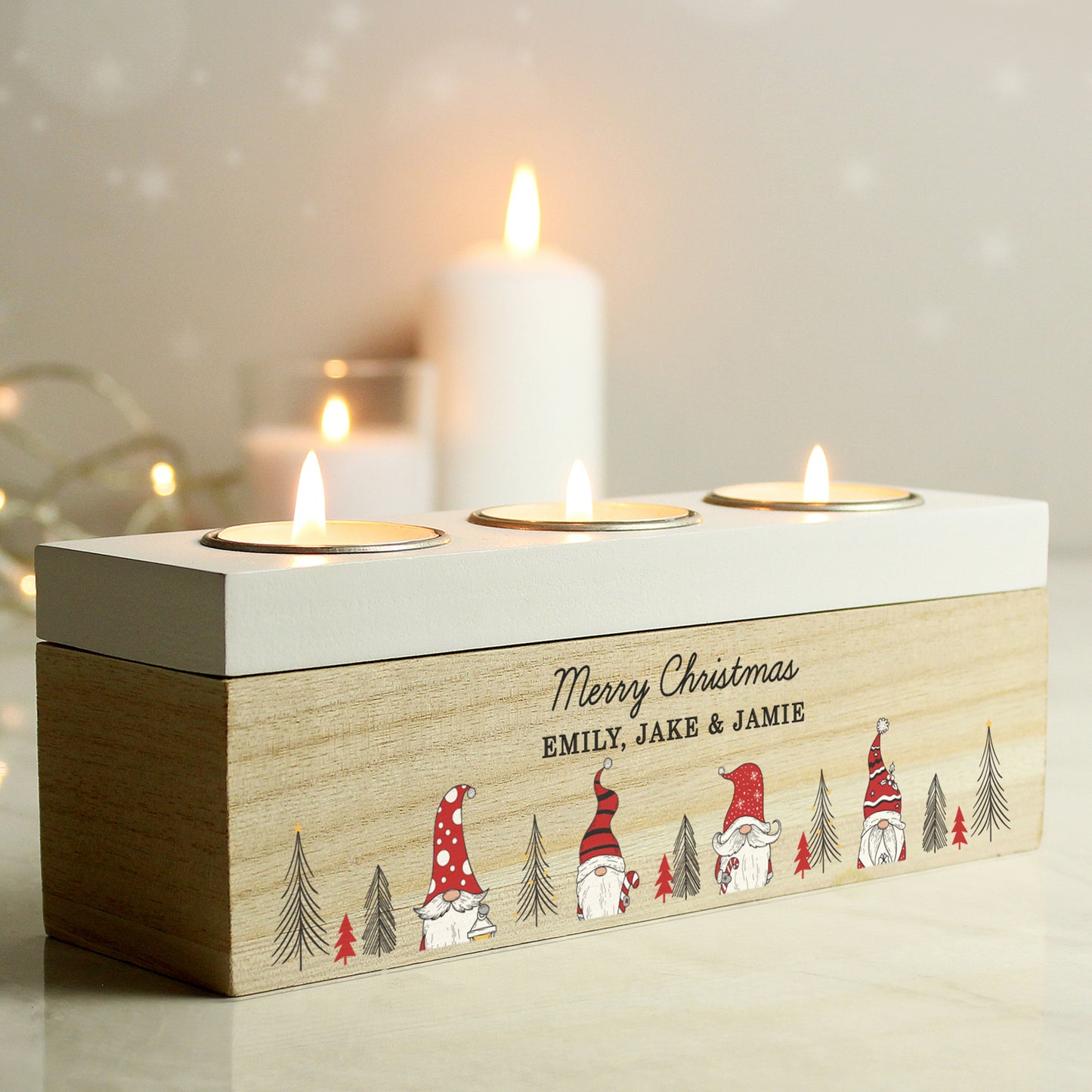 Personalised Gonk Christmas Triple Tea Light Box