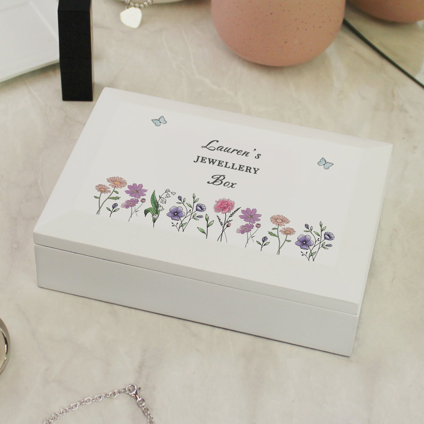 Personalised Wild Flowers Wooden Jewellery Box