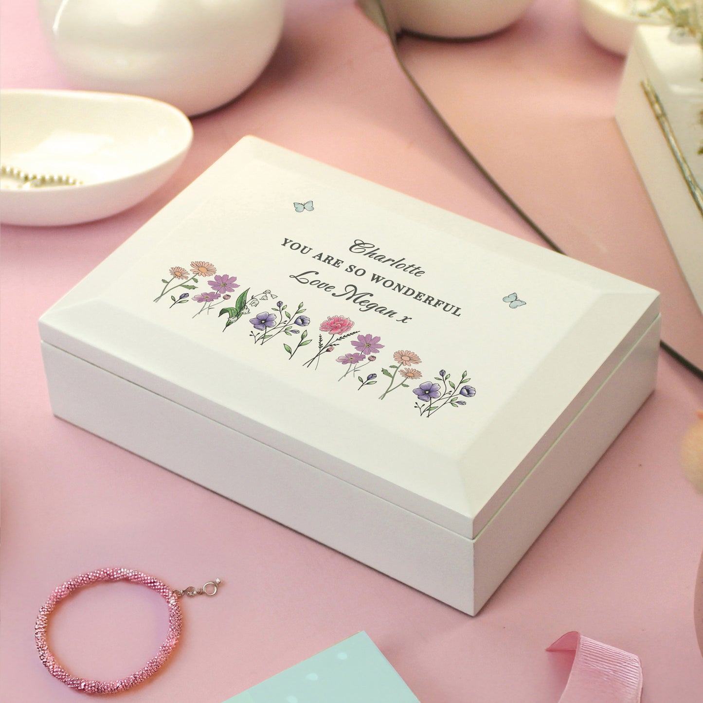 Personalised Wild Flowers Wooden Jewellery Box