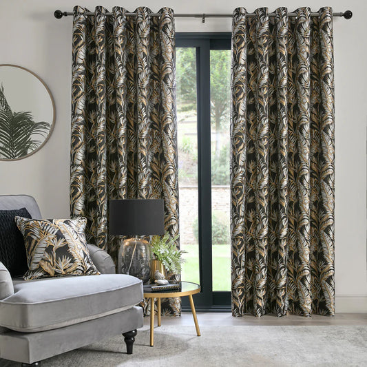 Paradise Palm Pair of Eyelet Curtains by Laurence Llewelyn-Bowen in Black