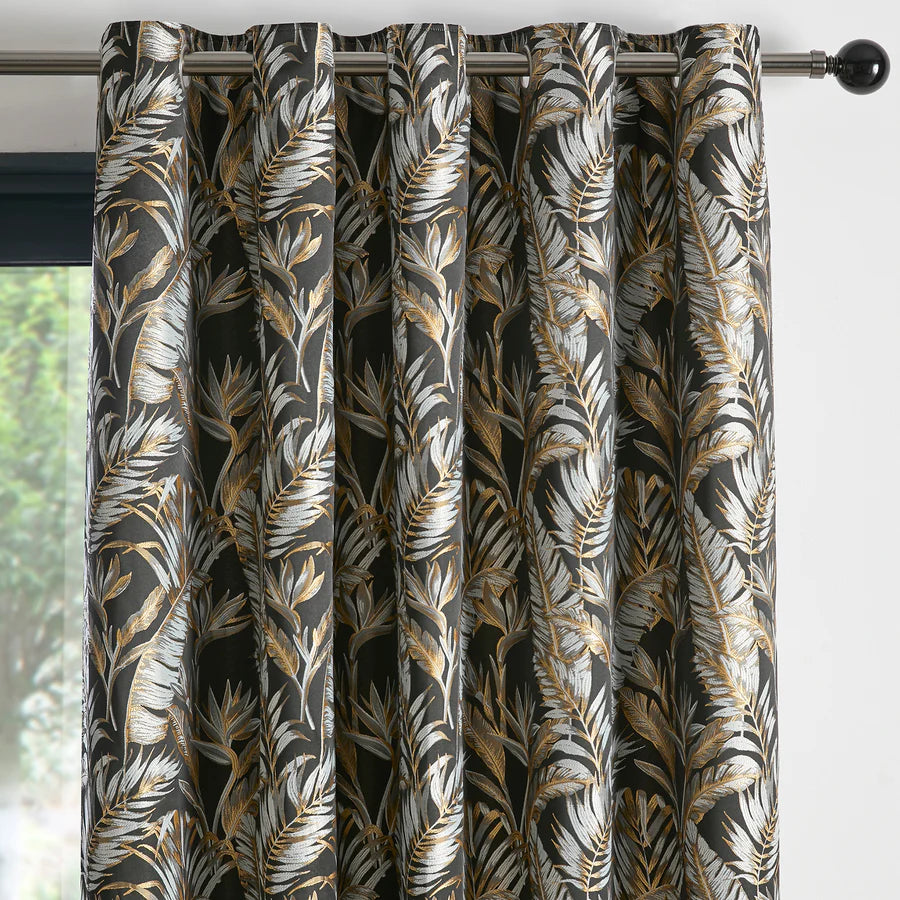 Paradise Palm Pair of Eyelet Curtains by Laurence Llewelyn-Bowen in Black