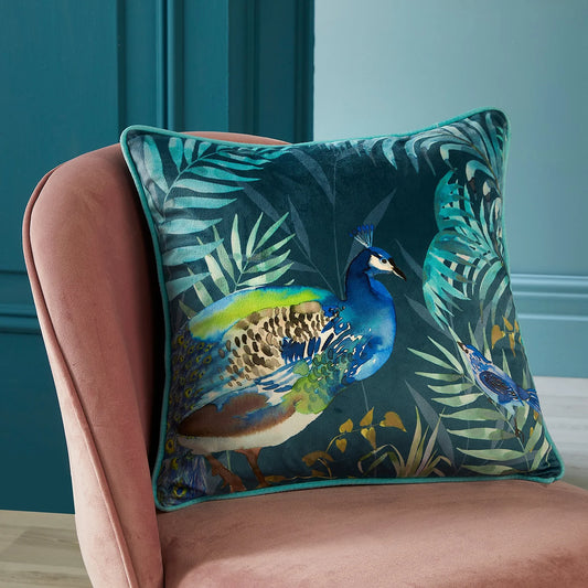 Peacock Jungle Filled Cushion by Soiree in Teal