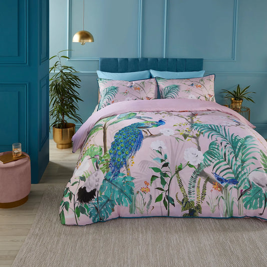 Peacock Jungle Duvet Cover Set by Soiree in Pink