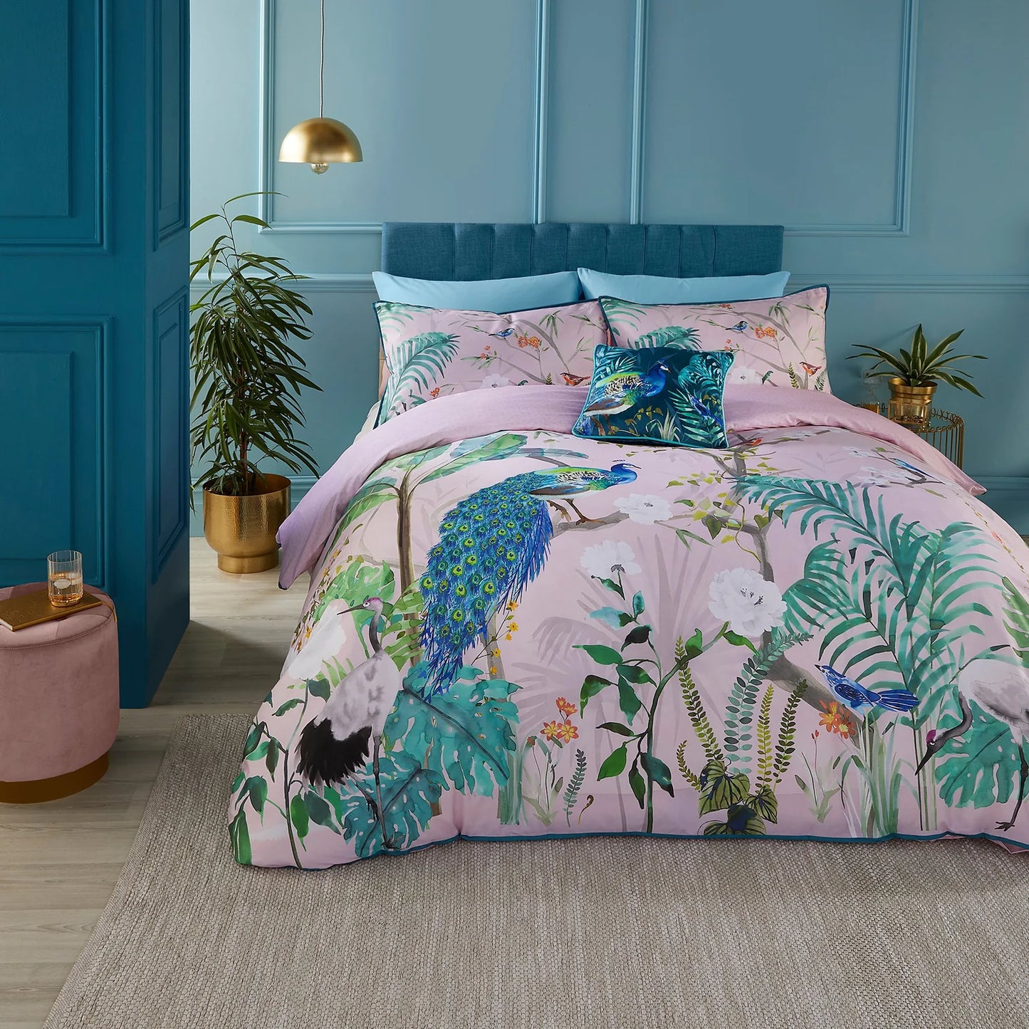 Peacock Jungle Duvet Cover Set by Soiree in Pink