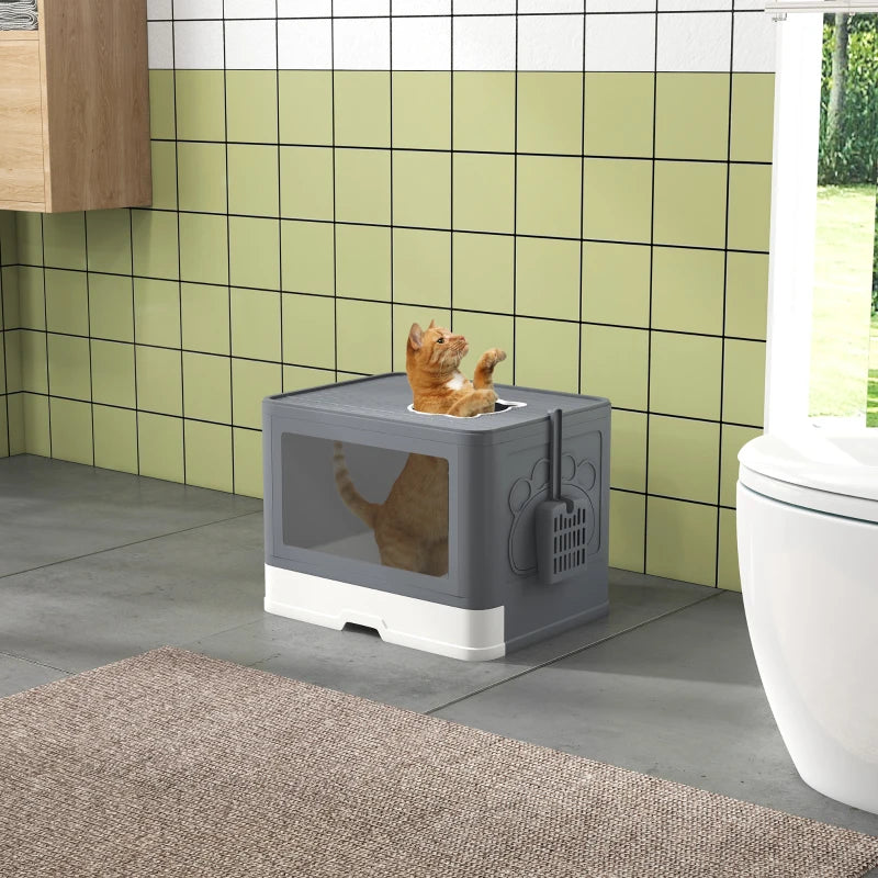 Enclosed Cat Litter Box with lid, Front Entry, Top Exit, Drawer, Tray, Scoop, Brush, 48.5 x 38 x 36.5cm - Grey