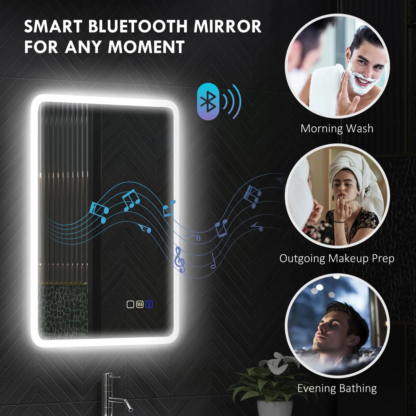 Backlit Illuminated Bathroom Mirror with LED Lights and Bluetooth - Silver Tone