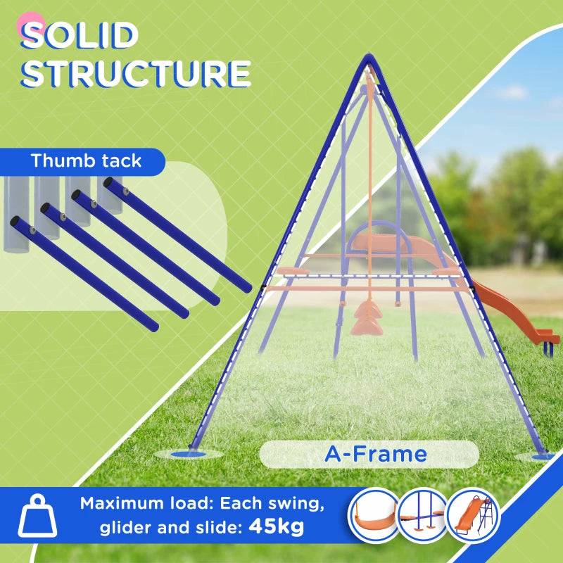 Four-In-One Metal Garden Swing Set, with Double Swings, Glider, Slider, Ladder - Orange and Blue