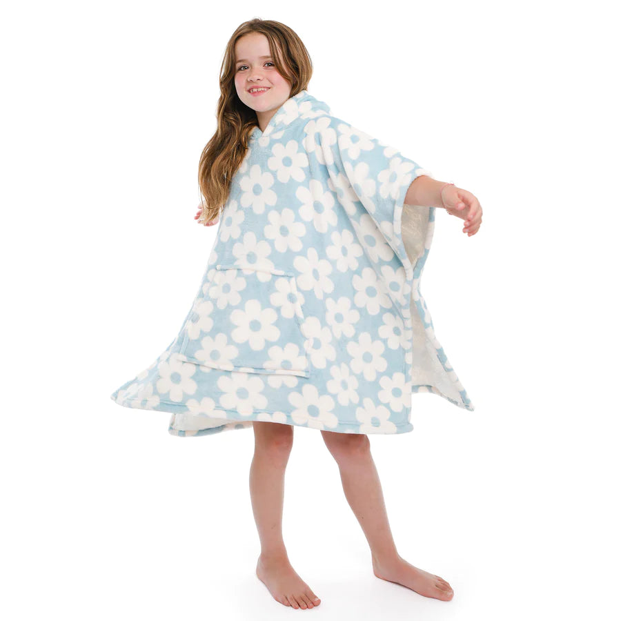 Retro Flower Hooded Throw Poncho by Bedlam in Duck Egg