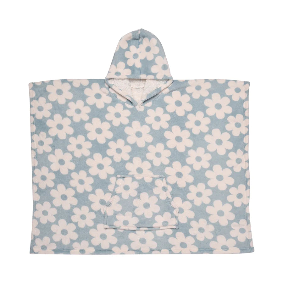 Retro Flower Hooded Throw Poncho by Bedlam in Duck Egg