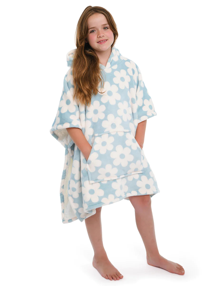 Retro Flower Hooded Throw Poncho by Bedlam in Duck Egg