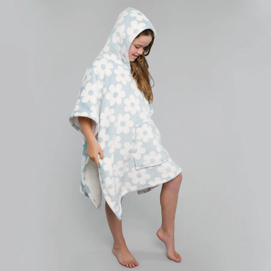 Retro Flower Hooded Throw Poncho by Bedlam in Duck Egg