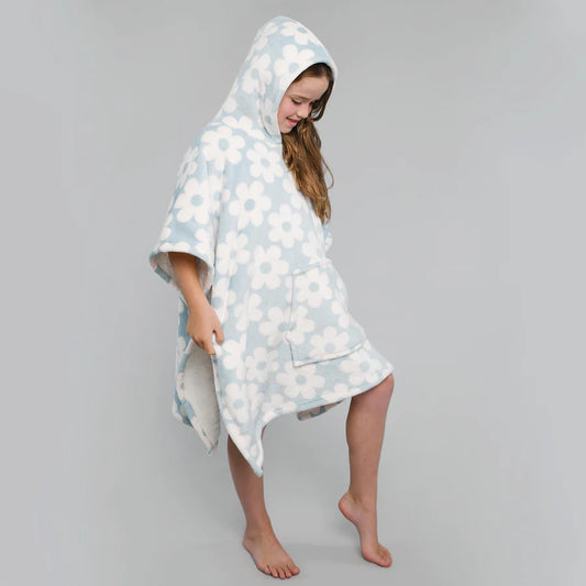 Retro Flower Hooded Throw Poncho by Bedlam in Duck Egg