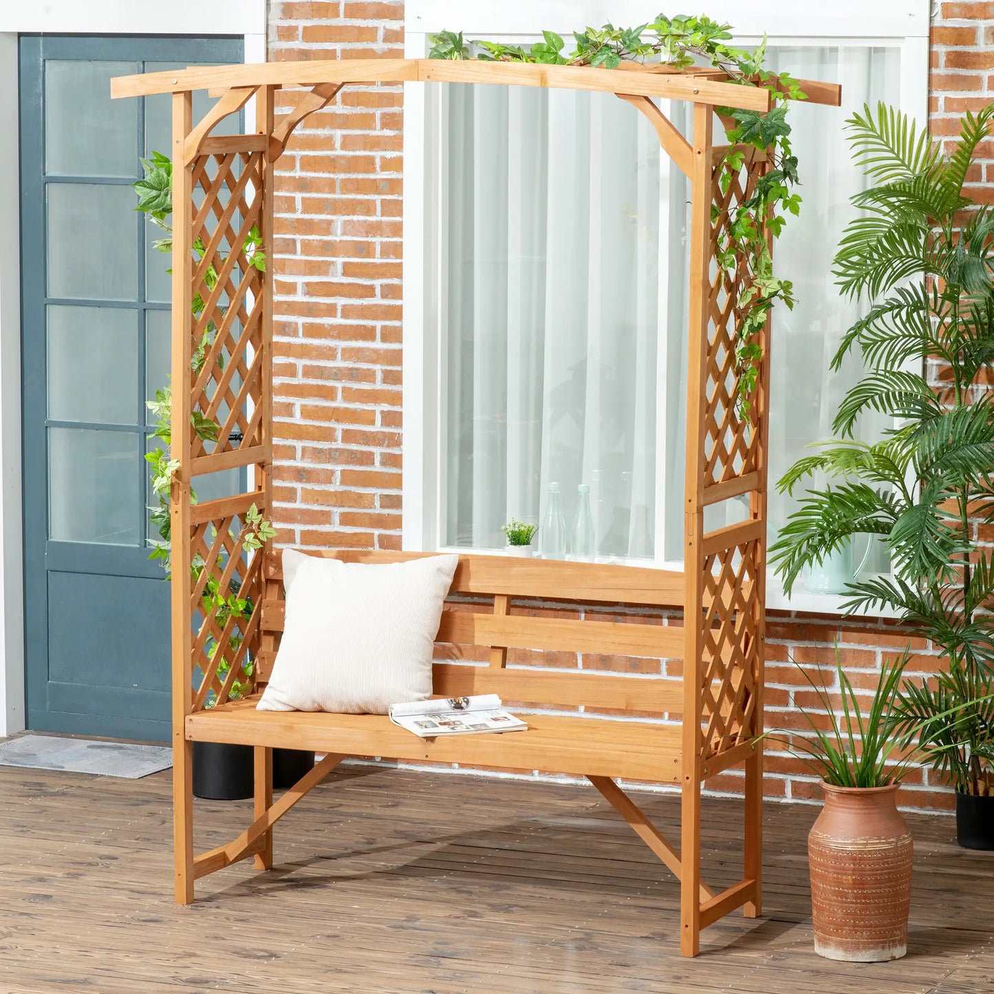 Garden Bench, Wooden Garden Arbour with Seat for Vines/Climbing Plants - Brown