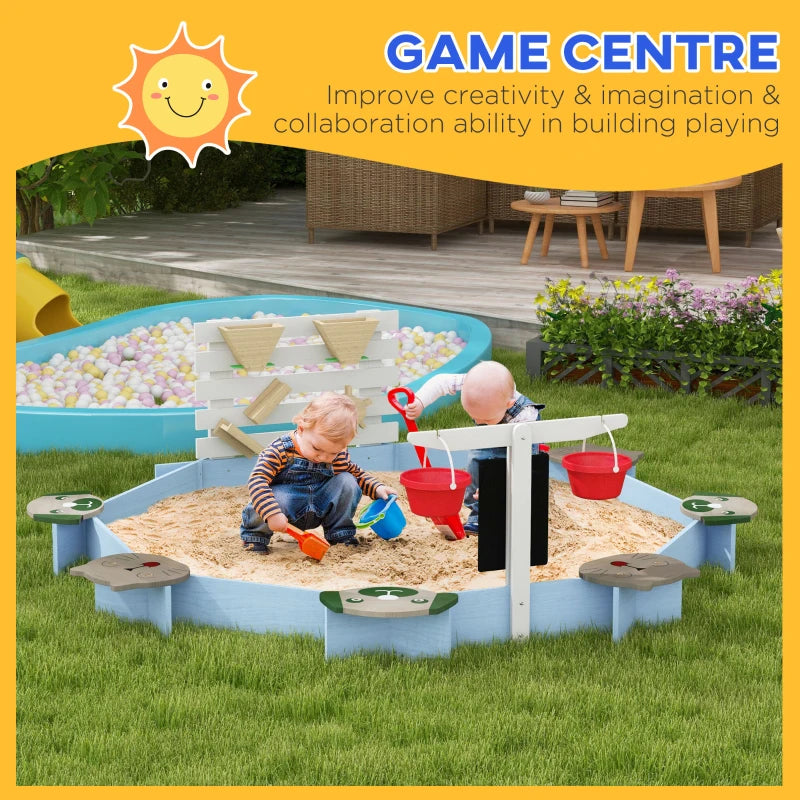 Wooden Sandbox, Outdoor Sand Pit, with Six Seats, Accessories, for Ages 3-7 Years - Blue