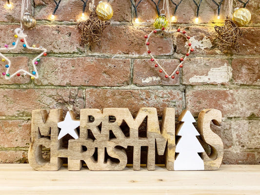 Wooden Carved Merry Christmas Word Ornament