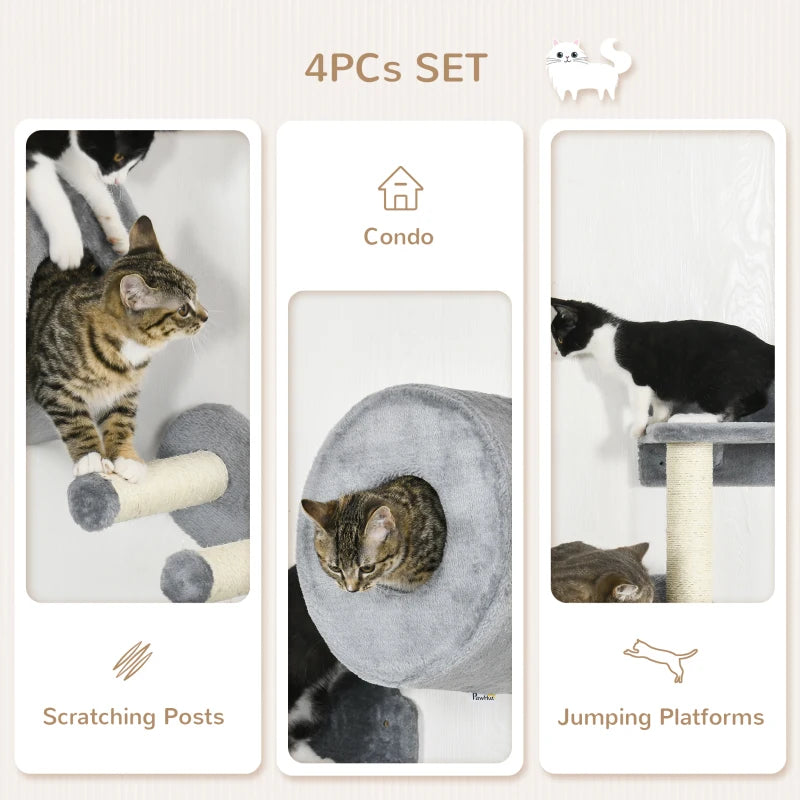 4PCs Wall-Mounted Cat Tree, with Steps, Perch, Cat House - Grey