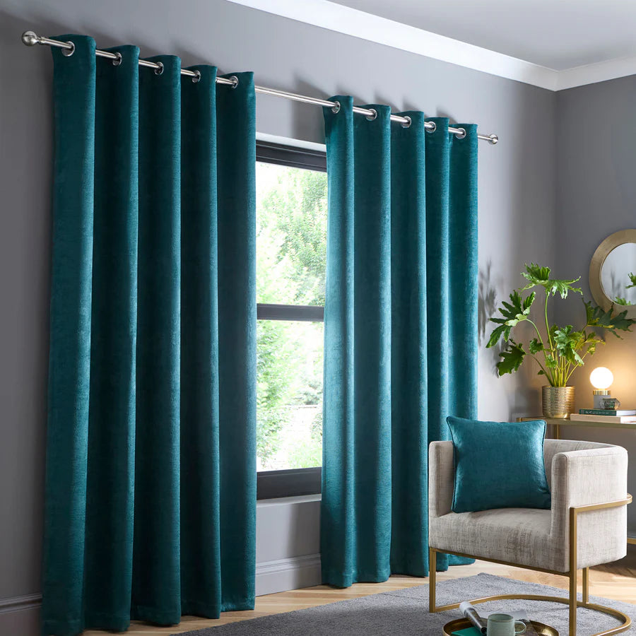 Strata Eyelet Curtains by Fusion in Forest Green