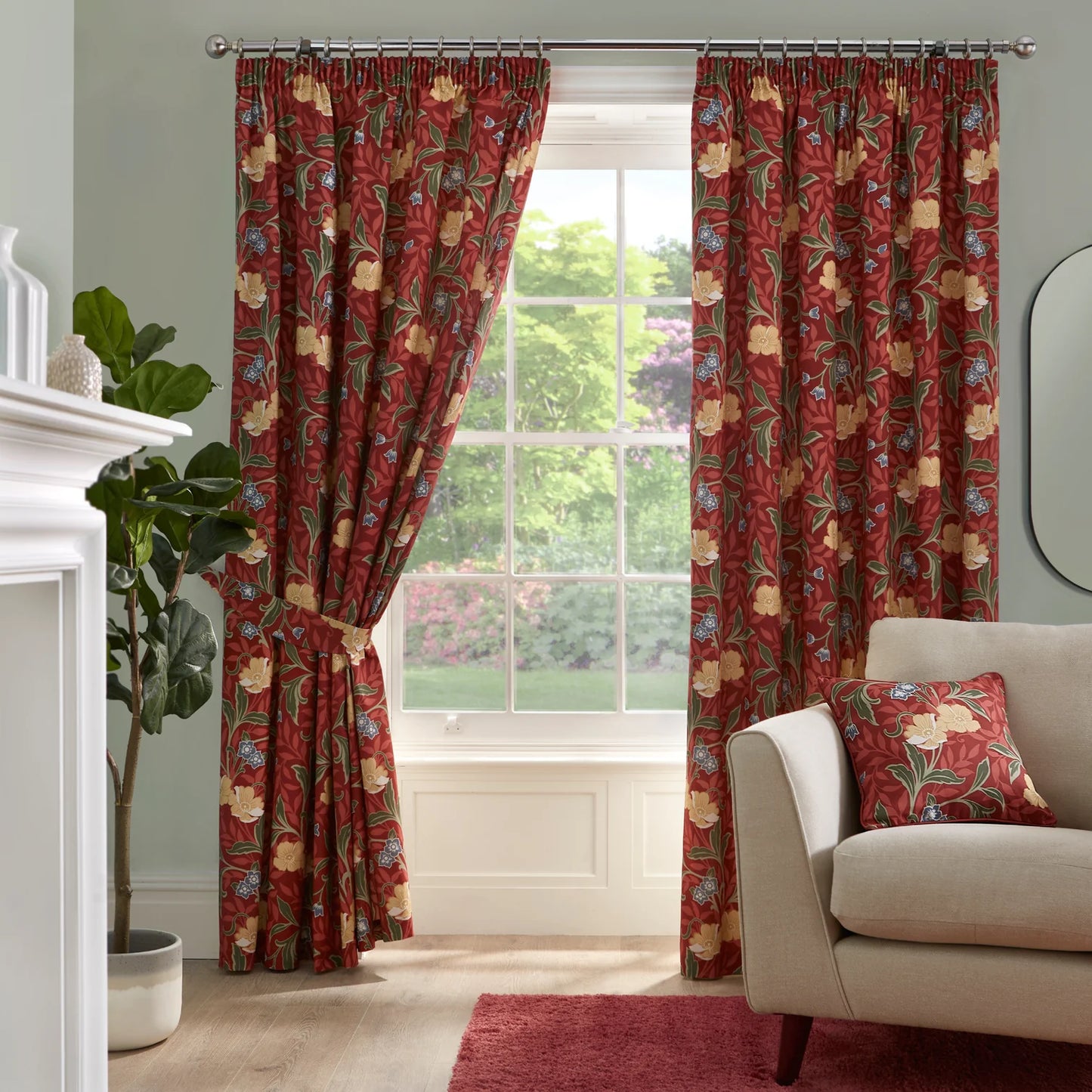 Sandringham Pair of Pencil Pleat Curtains With Tie-Backs by D&D in Red