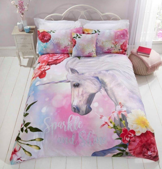 Sparkle & Shine Floral Unicorn Duvet Cover Set