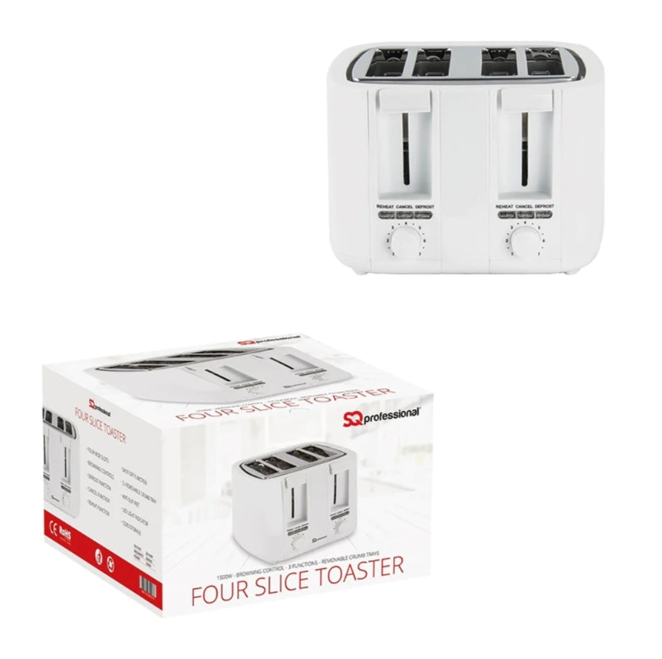 1500W Professional 4 Slice Toaster Wide Slot Toaster with 2 Crumb Trays - White