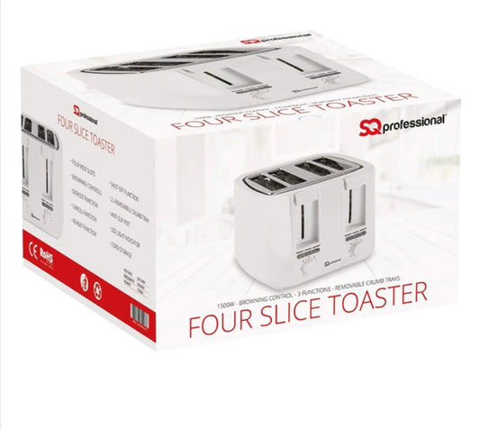 1500W Professional 4 Slice Toaster Wide Slot Toaster with 2 Crumb Trays - White