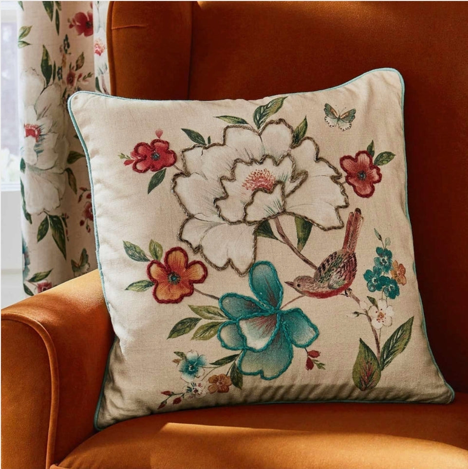 Pippa Floral Birds Cushion Cover/ Filled Cushion - Natural