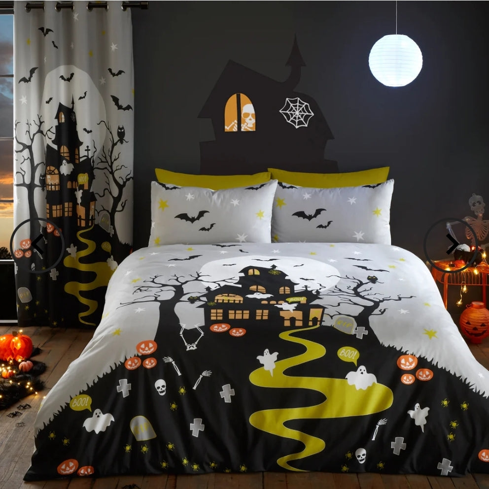 Duvet Cover Set Halloween Haunted House by Bedlam in Grey