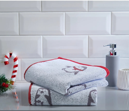 Penguins Christmas Hand Towels by Fusion Bathroom in Multi (Pack of 2)