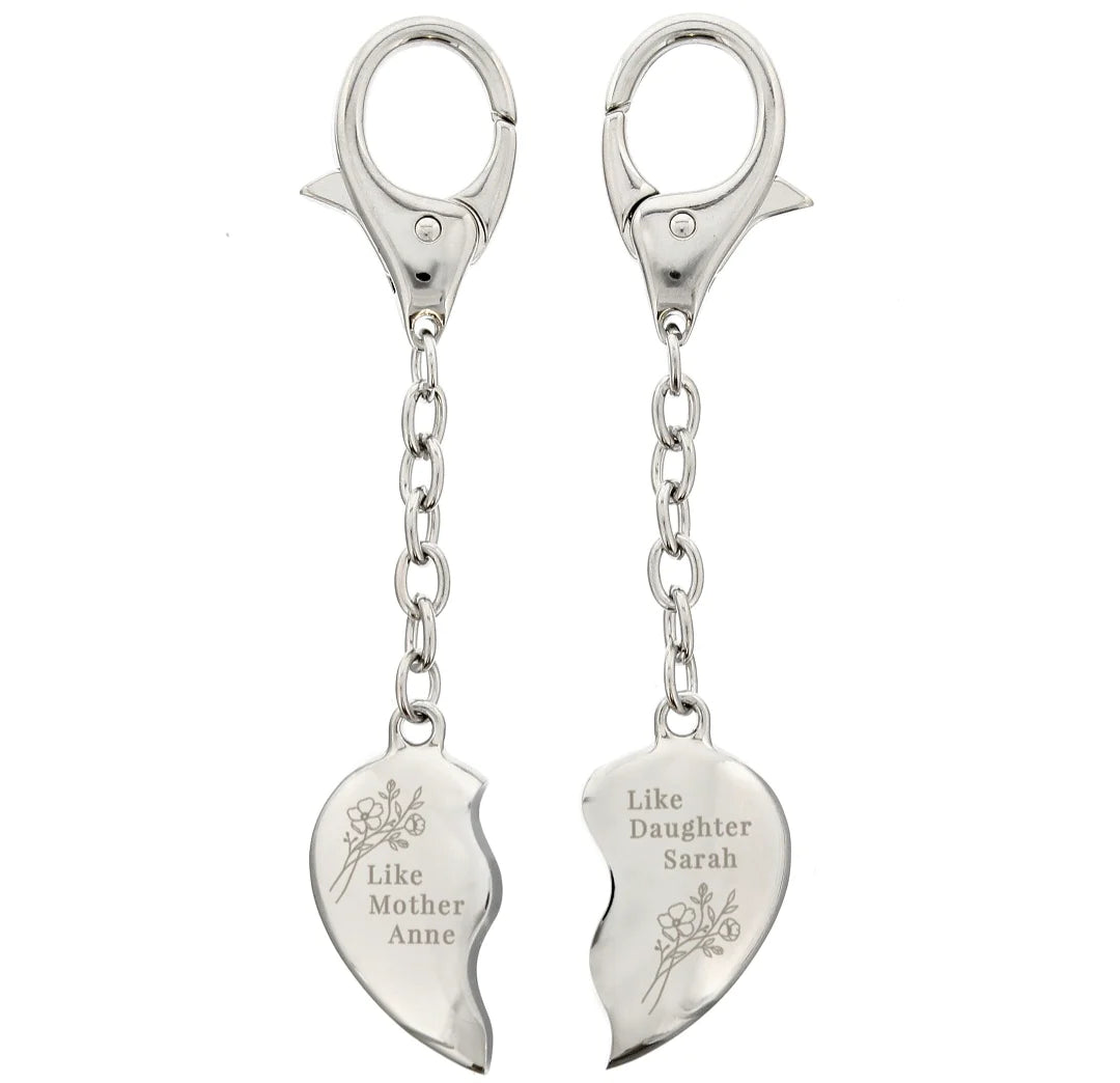 Personalised Floral Mother Daughter Two Heart Keyring