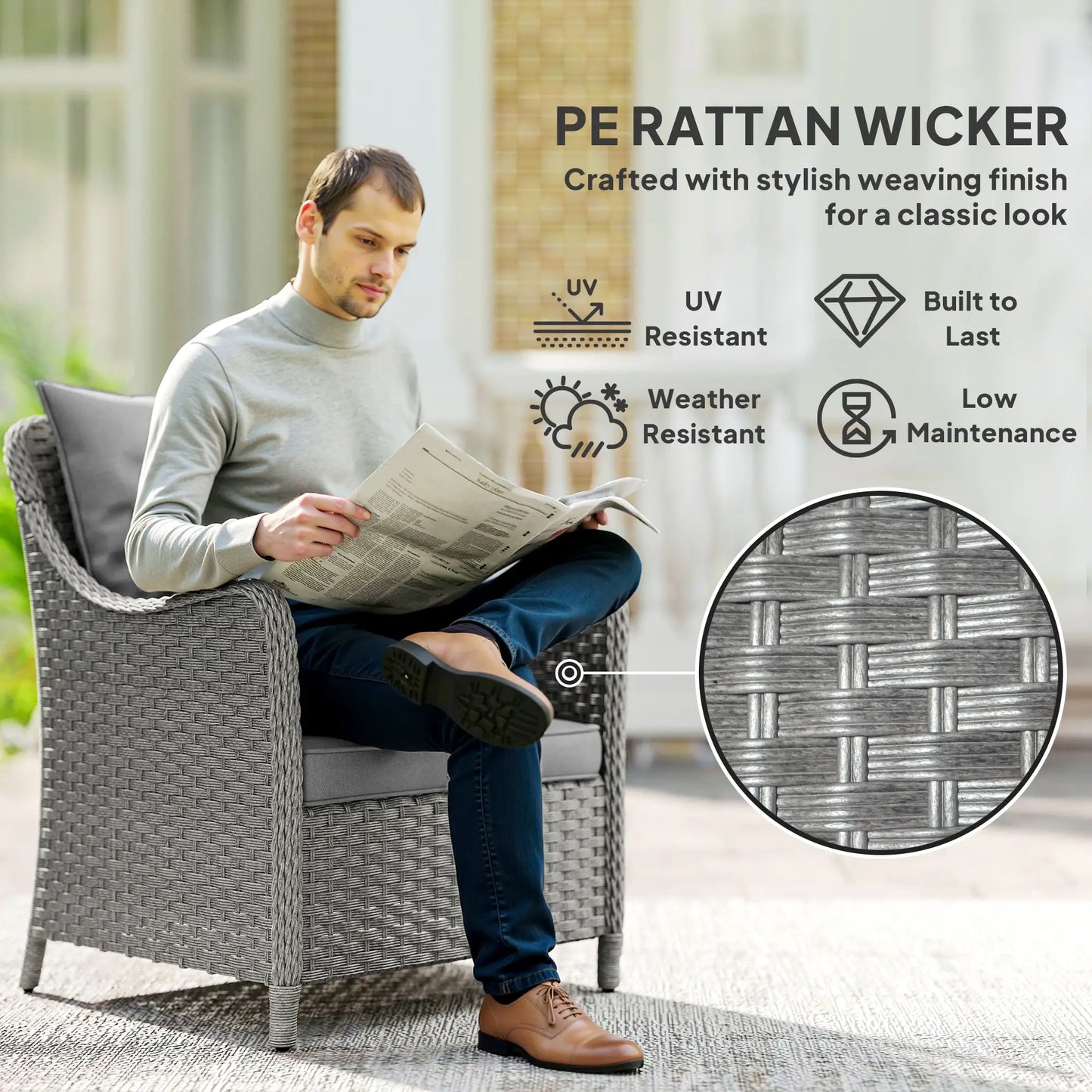 Set of 2 PE Rattan Garden Chairs with Cushions - High-Back Patio Armchairs