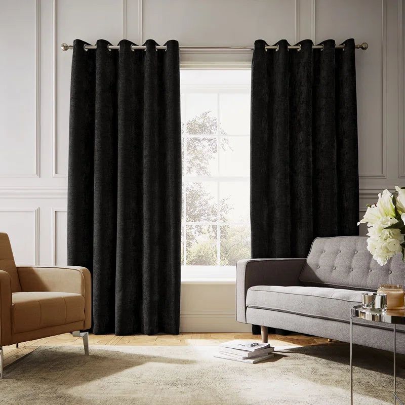 Hyperion Selene Luxury Chenille Weighted Thermal Eyelet Curtains in Black