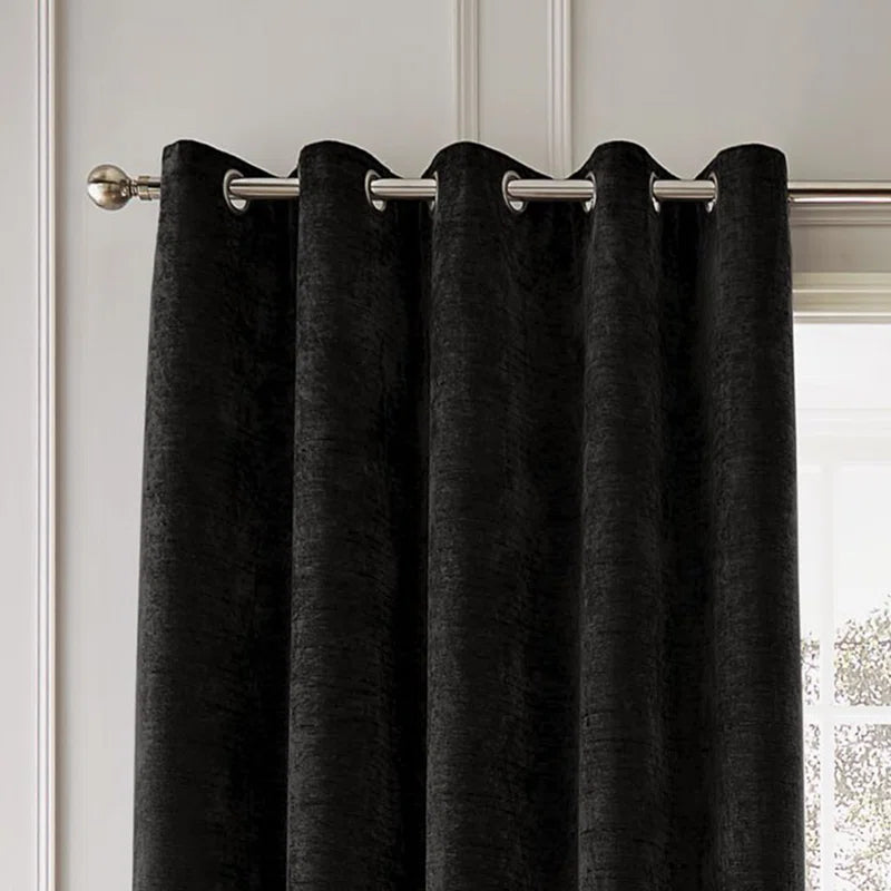 Hyperion Selene Luxury Chenille Weighted Thermal Eyelet Curtains in Black