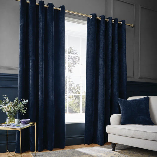 Hyperion Selene Luxury Chenille Weighted Thermal Eyelet Curtains in Deep Navy