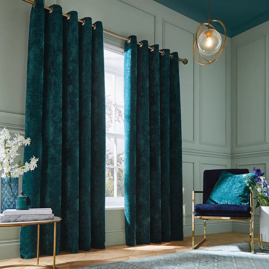 Hyperion Selene Luxury Chenille Weighted Thermal Eyelet Curtains in Rich Teal