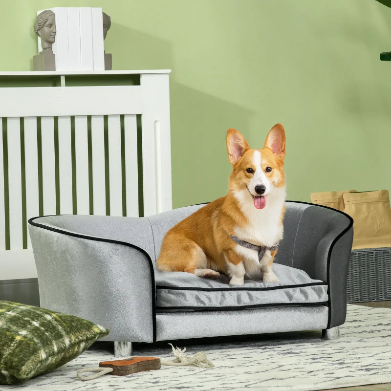 Dog Sofa Pet Chair,Bed Couch w/ Wooden Frame, Removable Cushion - Silver-Tone and Grey