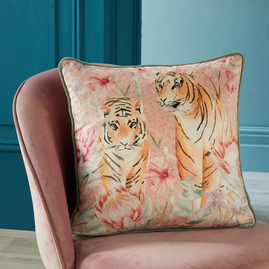 Tropical Leopard Filled Cushion by Soiree in Coral/Camel