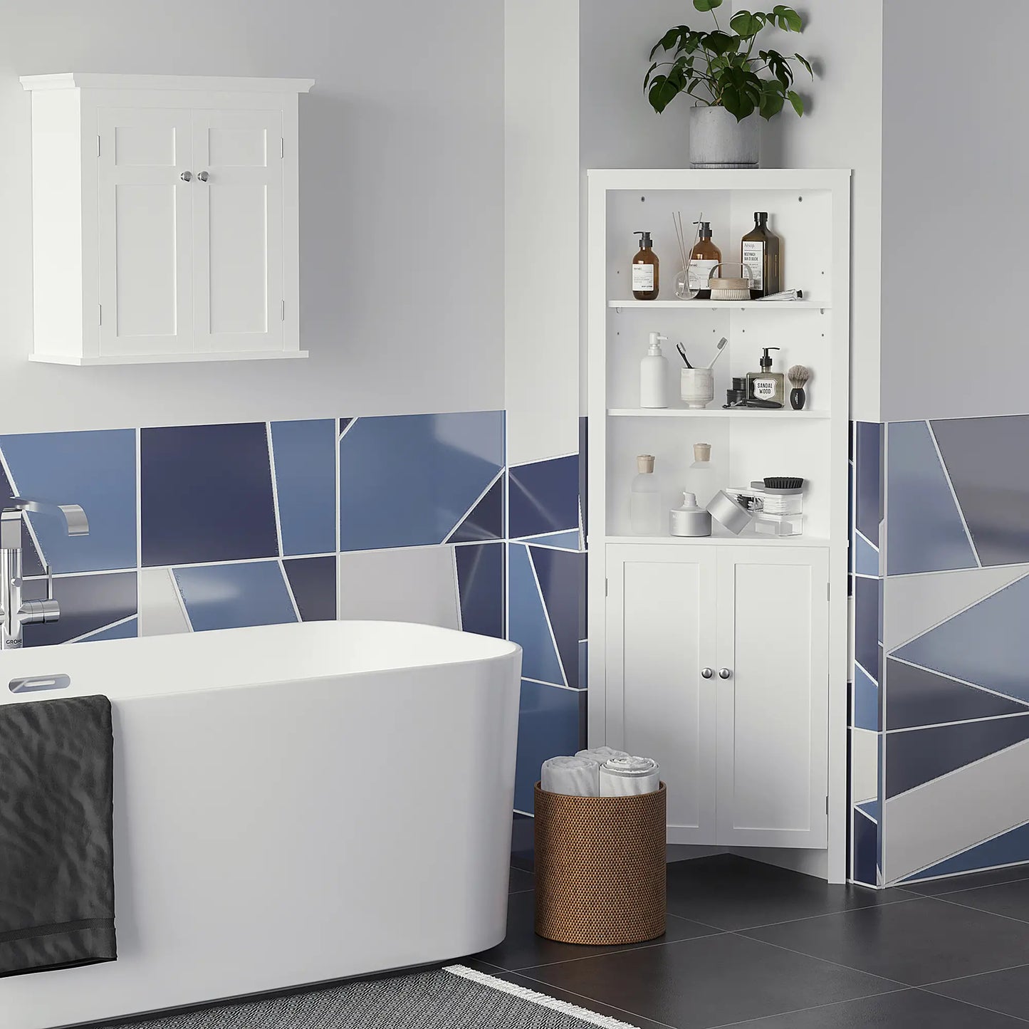White Triangle Corner Bathroom Storage Unit with Cupboard and 3-Tier Shelves