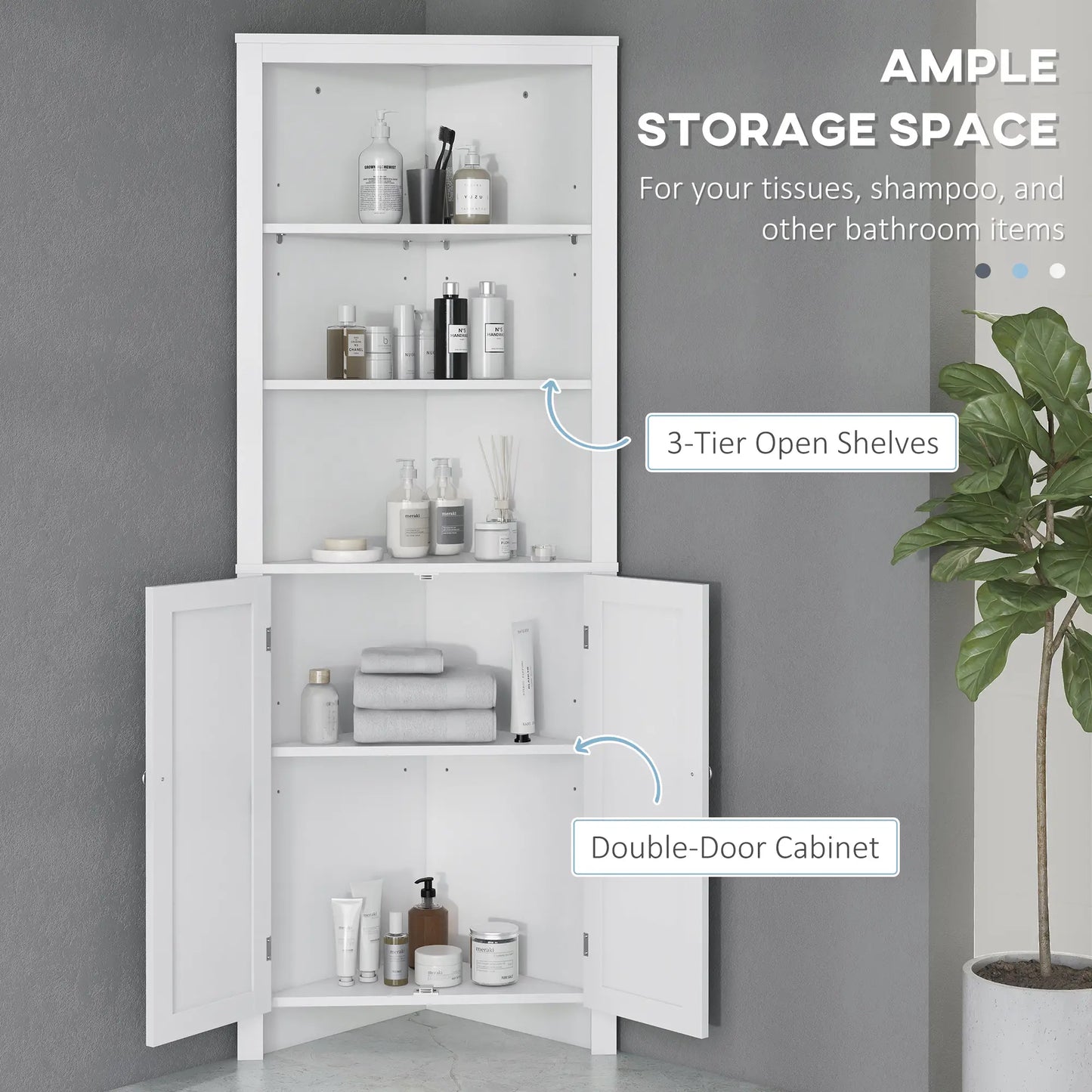 White Triangle Corner Bathroom Storage Unit with Cupboard and 3-Tier Shelves