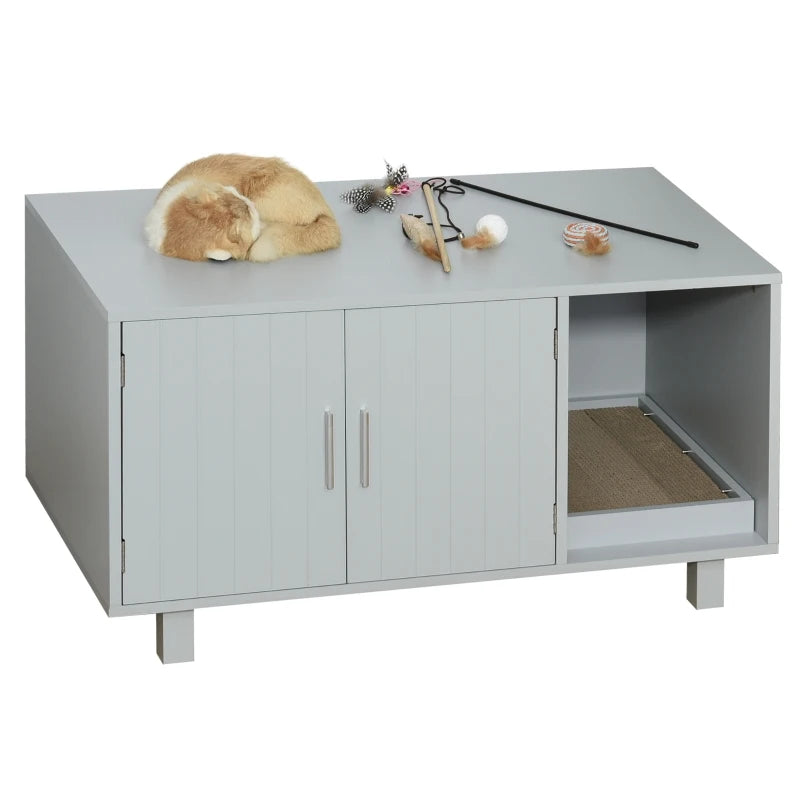 Wooden Cat Litter Box Enclosure & House with Nightstand/End Table Design, Scratcher, & Magnetic Doors, Grey