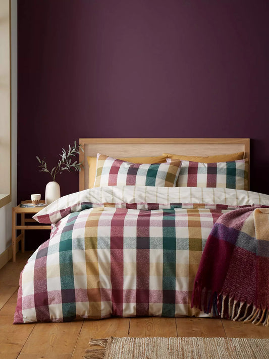 Autumn Check Reversible Duvet Cover Set in Natural Plum by Catherine Lansfield