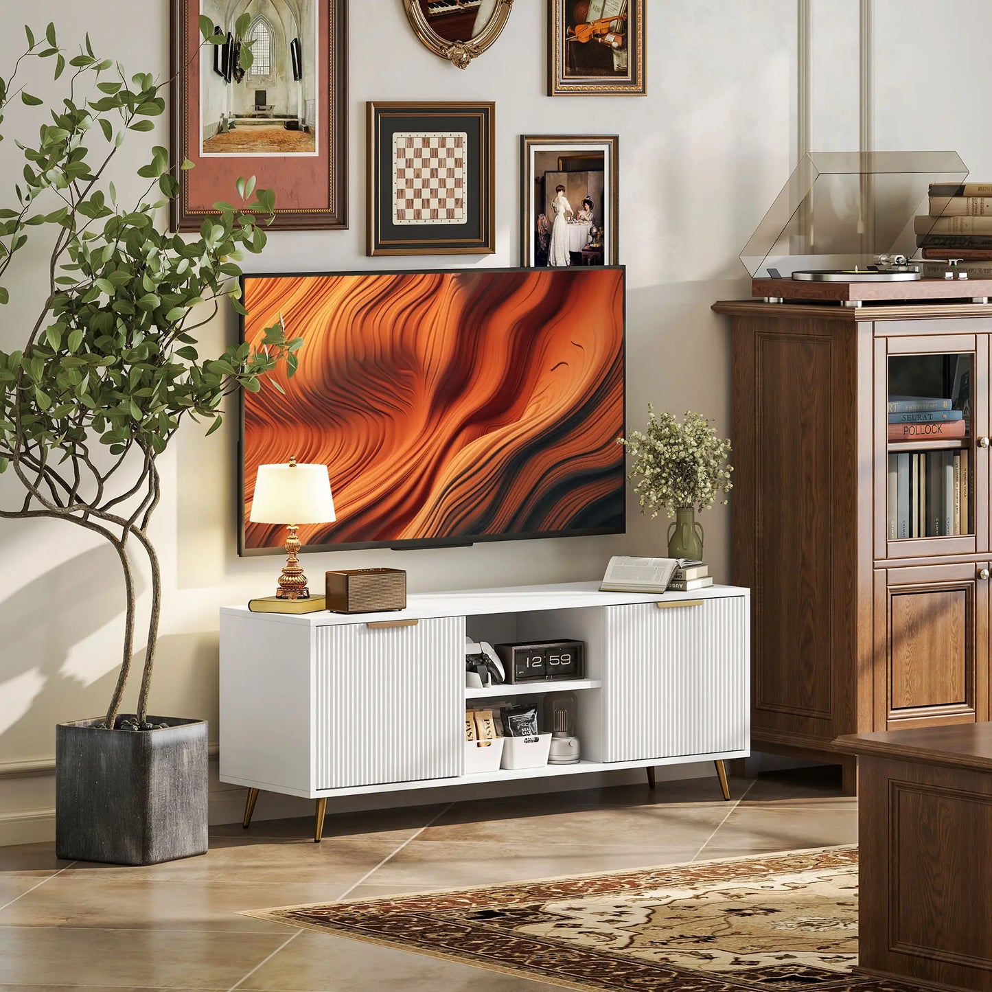 White Modern TV Stand Cabinet for TVs up to 55", TV Unit with 2 Open Shelves and 2 Cabinets
