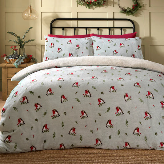 Winter Robin Duvet Cover Set by Dreams & Drapes Lodge in Duck Egg