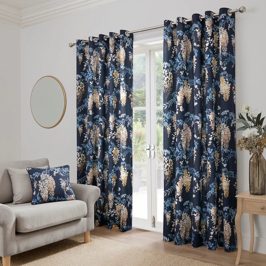 Wisteria Pair of Eyelet Curtains by Dreams & Drapes Curtains in Navy