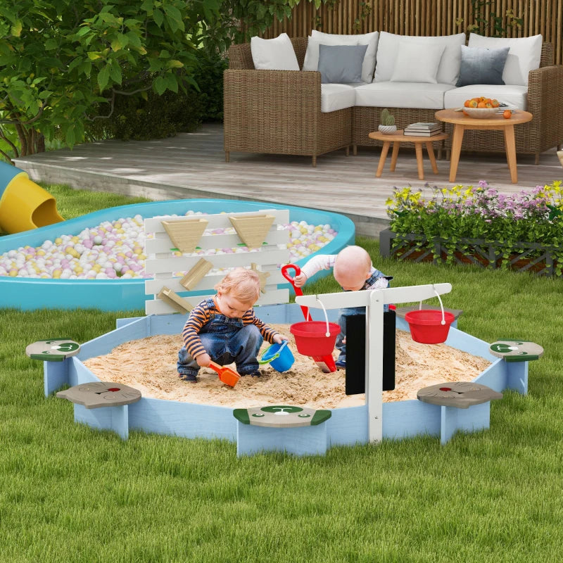 Wooden Sandbox, Outdoor Sand Pit, with Six Seats, Accessories, for Ages 3-7 Years - Blue