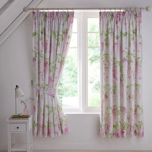 Wisteria Pencil Pleat Curtains With Tie-Backs by Dreams & Drapes Design in Pink